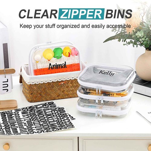 Qiyaz 12 Pcs Clear Hard Zipper Case Plastic Zipper Pouch with 5 Sheets Alphabet Stickers Double Toy Storage Organizer Makeup Case for Travel Building Blocks Puzzles Cosmetic(7.87 x 5.9 x 2”)