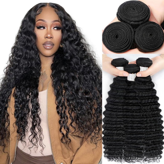 12A Human Hair Bundles 20 22 24 Inch Deep Wave Bundles Human Hair 100% Unprocessed Brazilian Virgin Curly Weave 3 Bundle Water Wavy Hair Extensions for Women Natural Color Deep Wave Bundles