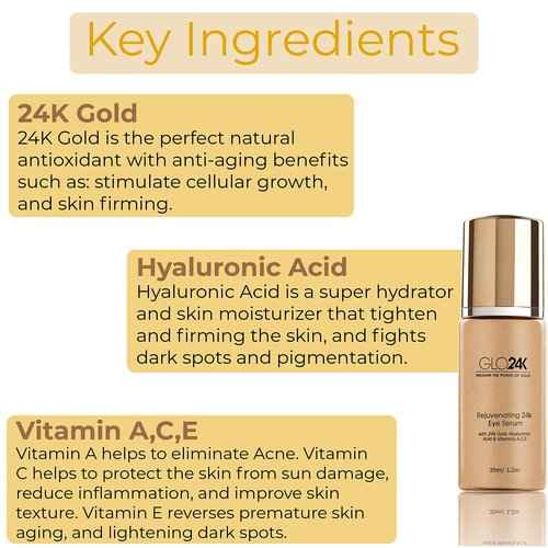 GLO24K Rejuvenating 24k Eye Cream and Serum With 24k Gold, Hyaluronic Acid, Vitamins A,C,E