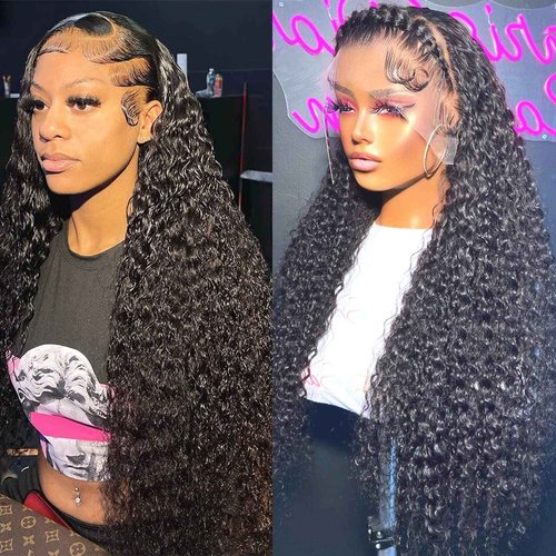 SYHGK 13x6 Deep Wave Lace Front Wigs Human Hair Wigs HD Transparent Deep Curly Lace Frontal Glueless Wig Human Hair Lace Front Wigs Pre Plucked Natural Black 28 Inch