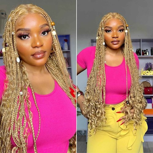 FABÉLLE 32 Inch Triangle Knotless Braided Wig for African American Women Boho Ggoddess Box Braid Wig Honey Blonde Single Full Lace Braid Wigs