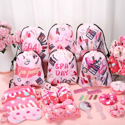 Janinka 108 Pcs Spa Party Favors Supplies Bulk, Include Pink Spa Headband, Scrunchies, Eye Mask, Nail File, Toe Separator, Comb, Mirror, Drawstring Bag for Sleepover Slumber Party Gift(Striped)