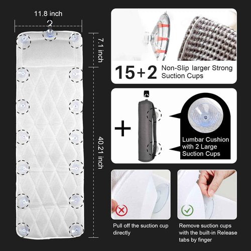 Full Body Bath Pillow Bathtub Pillows-Removable Lumbar Cushion with 17 Non-Slip Suction Cups 4D Air Mesh Fit Any Tub Luxury Bathroom Accessories-Grey