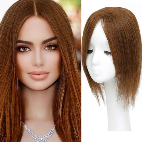 RMYHIG Hair Toppers for Real Human Hair, 360° 3D Human for Women with Thinning Hair Upgrade Middle Part Clip in Bangs Pieces for Women Daily (Light Brown, 14 Inch-3D-Side)