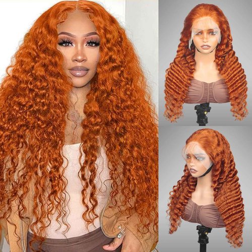 Tailsmart Ginger Deep Wave Lace Front Wigs Human Hair 13x4 Curly Orange Colored Lace Frontal Wig 200 Density Pre Plucked with Baby Hair HD Transparent Lace Glueless 350 Color Wig Bleach Knots 22 Inch