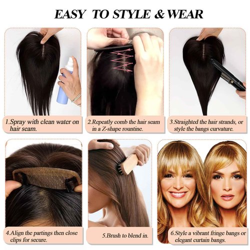 JGS1996 Hair Toppers for Women Real Human Hair Topper with Bangs Hair Clip in Wiglets Hairpieces 3.9x4.7 Silk Base Wig Toppers for Thinning Hair 150% Density Remy Hair Pieces #6 Light Brown