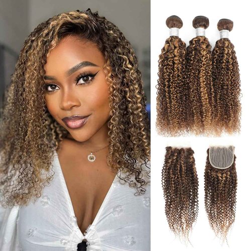 AUROO Honey Blonde Highlight Tight Kinky Curly 3 Bundles With 4x4 HD Transparent Lace Closure Human Hair P4/27 Ombre Brown Thick Tracks 12A 100% Virgin Brazilian Curly Bundles with Closure 10 12 14+10