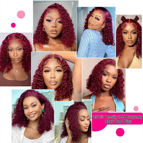 Bob Wig Human Hair 99j Burgundy 13x6 Deep Wave HD Lace Front Wigs Human Hair 250% Density Burgundy Bob Curly Lace Frontal Wigs Brazilian Virgin Human Hair Wigs Pre Plucked with Baby Hair (#99j,14Inch)