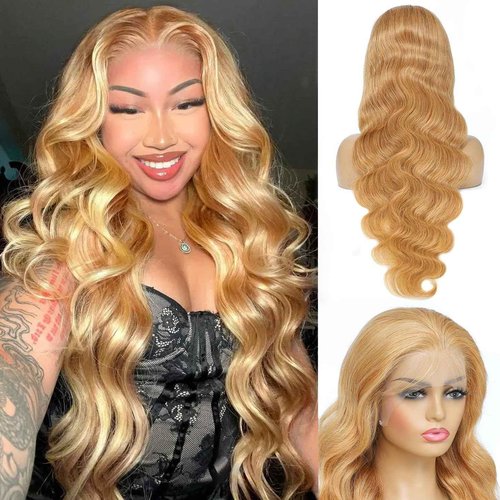 Fugool Honey Blonde Wig Human Hair 13x6 Body Wave Hd Lace Front Wigs Human Hair Pre Plucked 27# Colored Blonde Lace Frontal Wig 180% Density Real Hair Wavy Human Lace Front Wigs For Black Women 30Inch