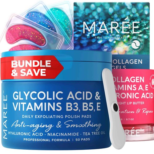 MAREE Bundle - Glycolic Acid Peel Pads, Lip Mask Under Eye Gels - Salicylic Acid, Marine Collagen & Hyaluronic Acid, Coconut Oil - Deep Cleaning Effect, Nourish & Hydrate Dry Lips, De-puff Eyes