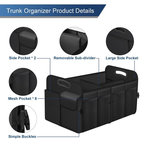 Femuar Car Trunk Organizer, Trunk Storage Organizer with 72L Large Capacity Waterproof Collapsible and 11 Pockets, Trunk Organizer for Suv/Jeep/Sedan, Large Size, Black