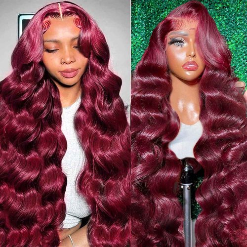Lukymart 99j Burgundy Body Wave Lace Front Wigs Human Hair 13x6 HD Transparent Lace 180% Density Wine Red Colored 22 Inch