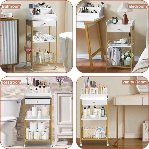 NauwaBarn Makeup Organizer Cart with Drawer, 2-in-1 Rolling Organizer Cart with Hair Tool Holder, Vanity Storage for Skincare, Perfume, Nail Polish, Cosmetics, Gold Finish