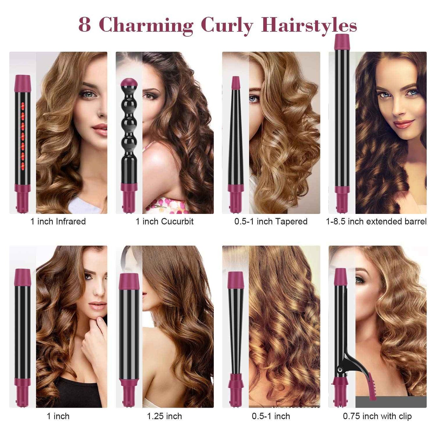 IG INGLAM Curling Iron Wand Set, 8 in-1 Interchangeable Ceramic Barrels with Infrared, Cucurbit, Tapered, Extended, 1in, 1 1/4 in, 3/4in Barrels and Clips