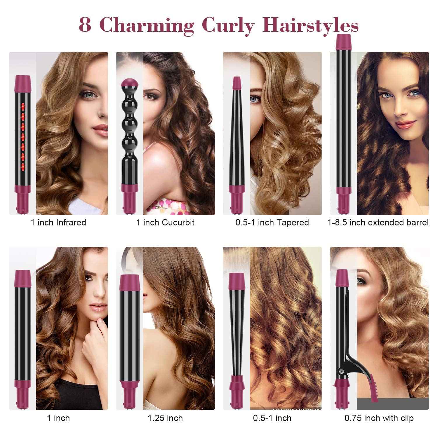 IG INGLAM Curling Iron Wand Set, 8 in-1 Interchangeable Ceramic Barrels with Infrared, Cucurbit, Tapered, Extended, 1in, 1 1/4 in, 3/4in Barrels and Clips