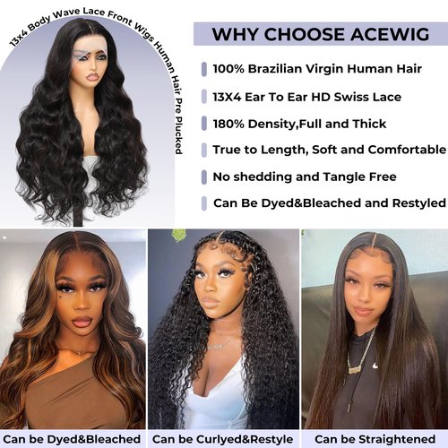 AceWig 26 Inch 13x4 Lace Front Wigs Human Hair Body Wave 180% Density 13x4 HD Lace Front Human Hair Wig Pre Plucked with Natural Hairline Small Knots for Black Women Brazilian Virgin Human Hair Wig