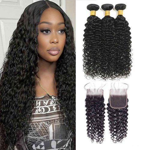 Water Wave Human Hair Bundles with Closure (20 22 24+18) Wet and Wavy 100% Unprocessed Brazilian Virgin human hair 3 Bundles with 5x5 Lace Closure Free Part Curly Wave Hair Extensions