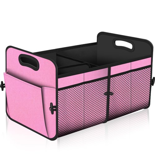 Femuar Car Trunk Organizer,Car Storage Organizer with 72L Large Capacity Waterproof Collapsible and 11 Pockets,Trunk Organizer for Car Suv/Jeep/Sedan, Large Size, Pink