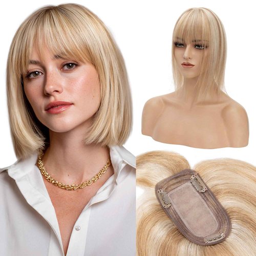 S-noilite Human Hair Toppers for Women with Bangs 100% Real Human Hairpiece 5"x3" Clip in Silk Base Topper Piece Cover Thinning Fine Hair 8 inch Golden Brown Highlighted Blonde