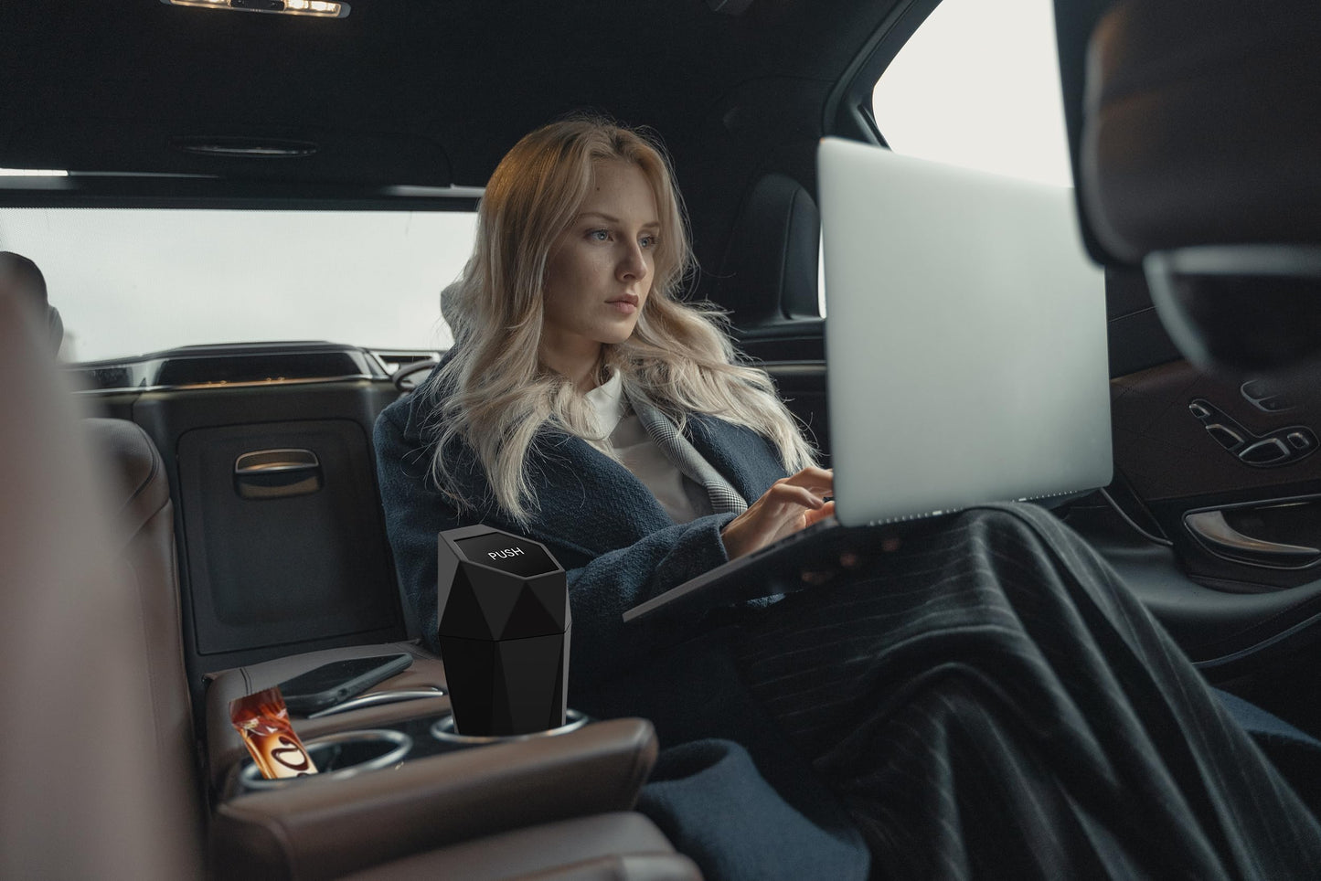 Ginsco Car Trash Can Cup Holder, 2 Pack Mini Car Trash Can with Lid, Car Accessories for Interior, Leakproof Small Trash Cup for Car, Home with Additional 2 ABS Hooks and 90pcs Trash Bags Black Silver