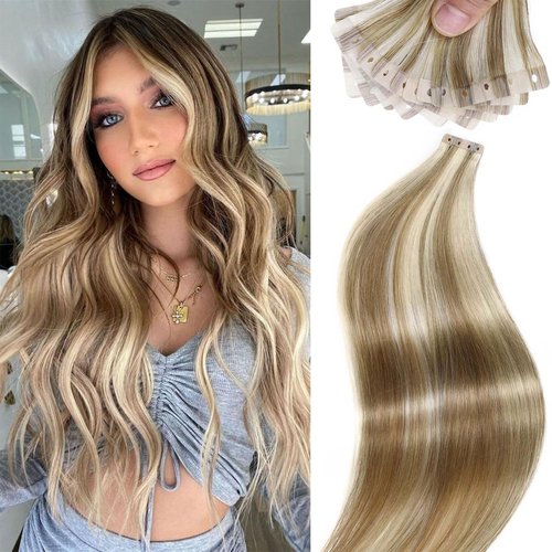 FANCEE Glueless Human Hair Extensions - Highlighted Brown and Blonde Tape in With Holes - Invisible Seamless Skin Weft for Women (50g 20Pcs, 20 Inch)