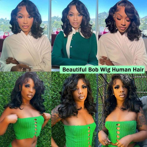 Aolisox 16 Inch Bob Wig Human Hair 13x6 Body Wave Lace Front Wigs Human Hair Pre Plucked 200 Density HD Lace Frontal Wigs for Women Glueless Wigs Natural Black