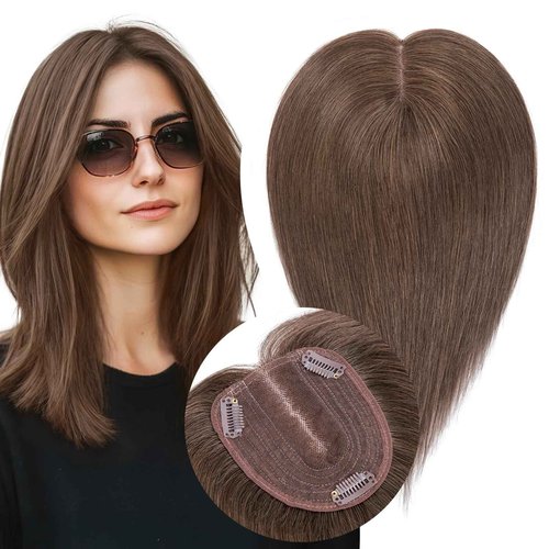 S-noilite Human Hair Toppers for Women, 100% Real Human Hair, 4x5 Inch Lace Base, Natural Brown, 12 Inch
