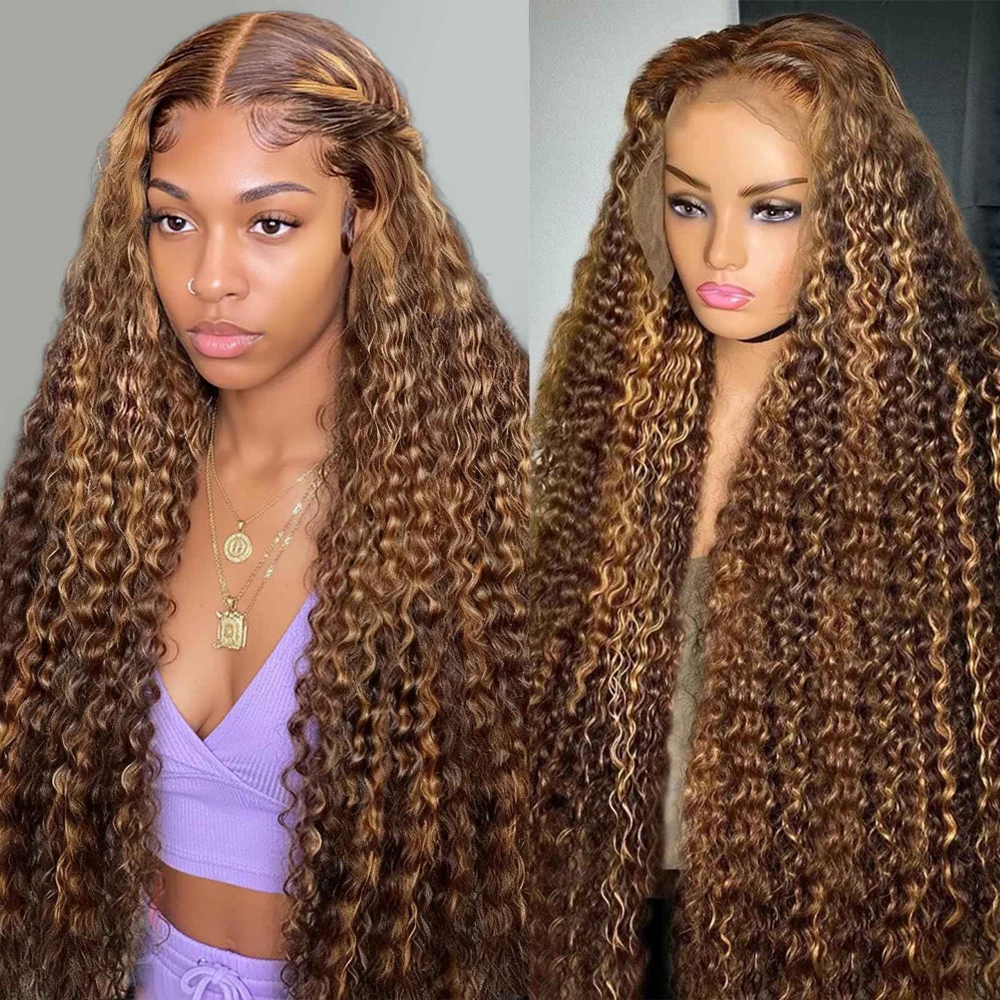 Jilho Water Wave Lace Front Wigs Human Hair 13x6 Ombre Honey Blonde Frontal Wig 200 Density P4/27 Highlight Colored Curly Wet and Wavy Lace Front Wigs Glueless Pre Plucked with Baby Hair (22 Inch)