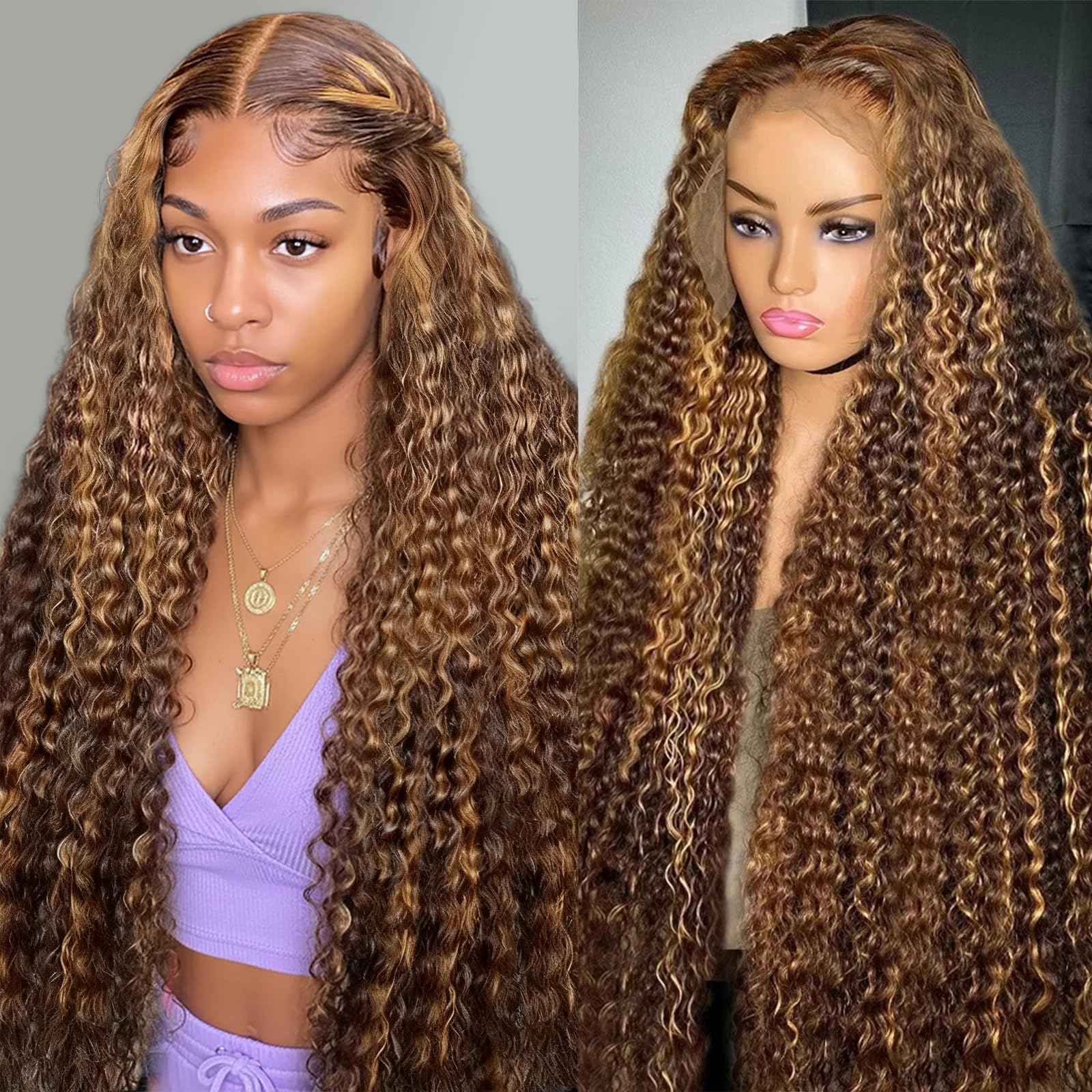 Jilho Water Wave Lace Front Wigs Human Hair 13x6 Ombre Honey Blonde Frontal Wig 200 Density P4/27 Highlight Colored Curly Wet and Wavy Lace Front Wigs Glueless Pre Plucked with Baby Hair (22 Inch)