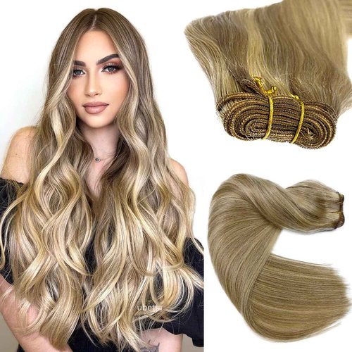 Ash Blonde Balayage Light Blonde Sew in Hair Extensions Real Human Hair 22 Inch 120G Weft Hair Extensions Human Hair Weave Bundles, Hand Tied Weft Hair Extension Sew in Bundles Human Hair
