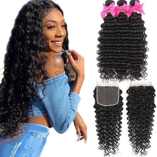 Aatifa Lace Rosa 9A Brazilian Virgin Hair Deep Wave 3 Bundles with Free Part Closure, lace closure 100% Unprocessed Natural Color Can Be Dyed and Bleached, (16/18/20+14 Inch)