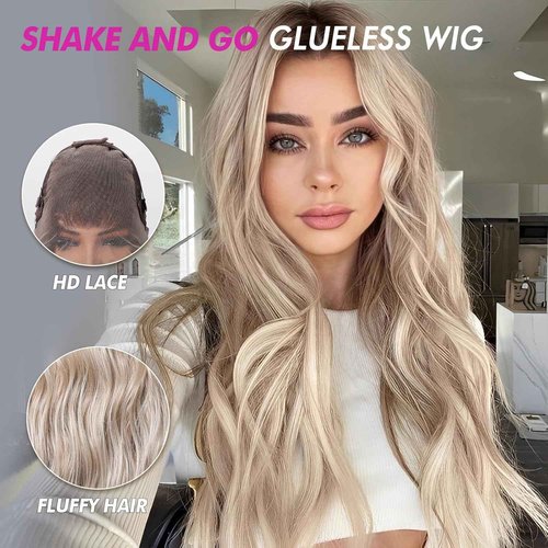 testar 13×6 HD Lace Front Wig Long Blonde Wavy Wigs for Women 26 Inch Middle Part Blonde Wigs with Dark Roots Synthetic Lace Front Wigs Middle Part Daily/Halloween Use