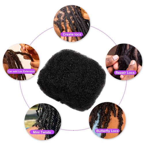 JIFFYLOCS Tight Afro Kinky Bulk Human Hair for Dreadlock Extensions 100% Human Hair,120g 4 Packs 8 Inches Long,Natural Black #1B,Repair Extensions,Making Locs or Braids, with Needles and Hairpin
