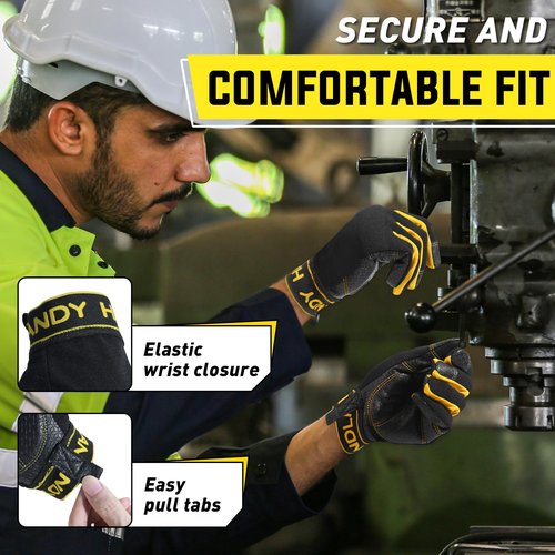 HANDLANDY Leather Work Gloves for Men & Women, Utility Mechanic Touch Screen Working Gloves for Gardening, Driving, Tool Handling, Construction (Yellow Black, Medium)