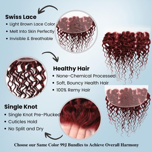 ALHER 99j Dark Burgundy Water Wave 13x6 HD Lace Frontal, 100% Unprocessed Virgin Remy Hair Pre Plucked With Baby Hair 12A Cherry Red Wine Color Wet n Wavy Curly Ear to Ear 13X6 Frontal Closure 16 Inch