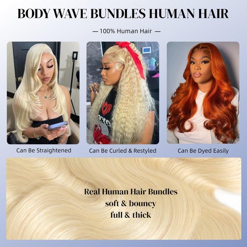 16A 613 Bundles Human Hair Blonde Body Wave 12 14 16 inch, 100% Real Human Hair No Synthetic Blended Sew in Quick Weave Bundles Human Hair Extensions Double Weft, Triple Lifespan 3X, Can Be Dyed