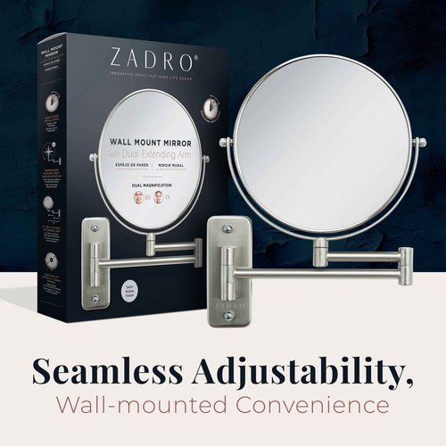 Zadro 7" Wall Mounted Wardrobe, Vanity Makeup Mirror with Magnification & Extending Arm (Large | 12.25" x 12" | 8X/1X, Black)