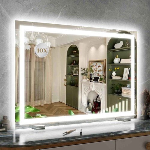 ROLOVE 32x 22 Inch Large Lighted Vanity Mirror with Dimmable 3 Modes, LED Makeup Mirror for Bathroom ＆ Dressing Room, Tabletop or Wall-Mounted, White
