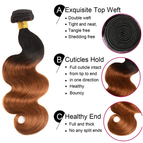 Ombre Human Hair 3 Bundles With 4x4 Lace Closure 1B/30 Two-tone Ombre Brown Body Wave Bundles with Closure Brazilian Virgin Human Hair Extensions For Women (T1B/30,14 16 18+12)