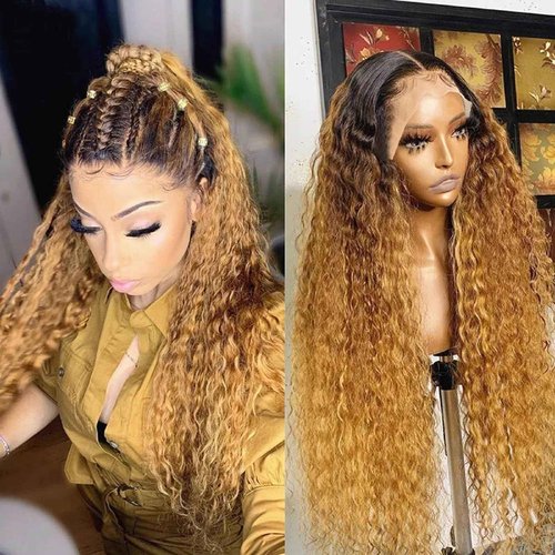 Labamiya 30 Inch Omber Blonde Human Hair Wig Ombre Blonde T1B/27 Curly Wave Lace Front Wigs Human Hair 13X4 HD Pre Plucked with Baby Hair 200% Density