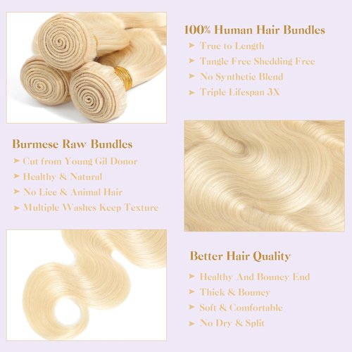 KingSup Blonde Body Wave Bundles Human Hair 26 Inch 15A 613 Blonde Bundles Human Hair,Sew In Quick Weave Body Wave Bundles 100% Real Human Hair Extensions Tangle Free Shedding Free Triple Lifespan 3X