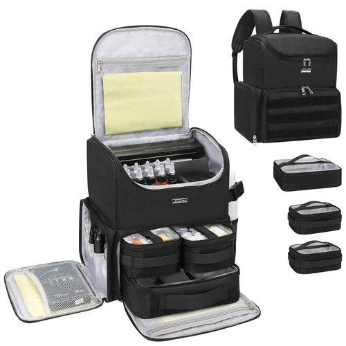 Relavel Tattoo Travel Case, Large Tattoo Bag Backpack with 3 Clear Bags for Tattoo Stencil Printer, Equipment and Supplies Travel Carring Case with Adjustable Dividers & Easy to Clean Lining, Black