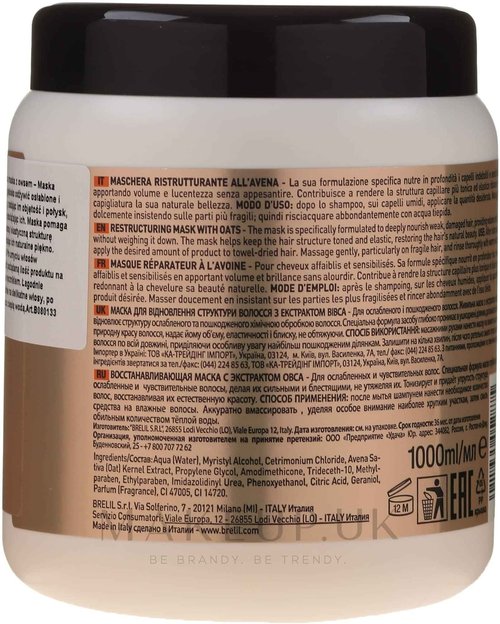 BRELIL Numero Restructuring Cream Mask Hair with Oat Extracts (33.81 fl.oz)