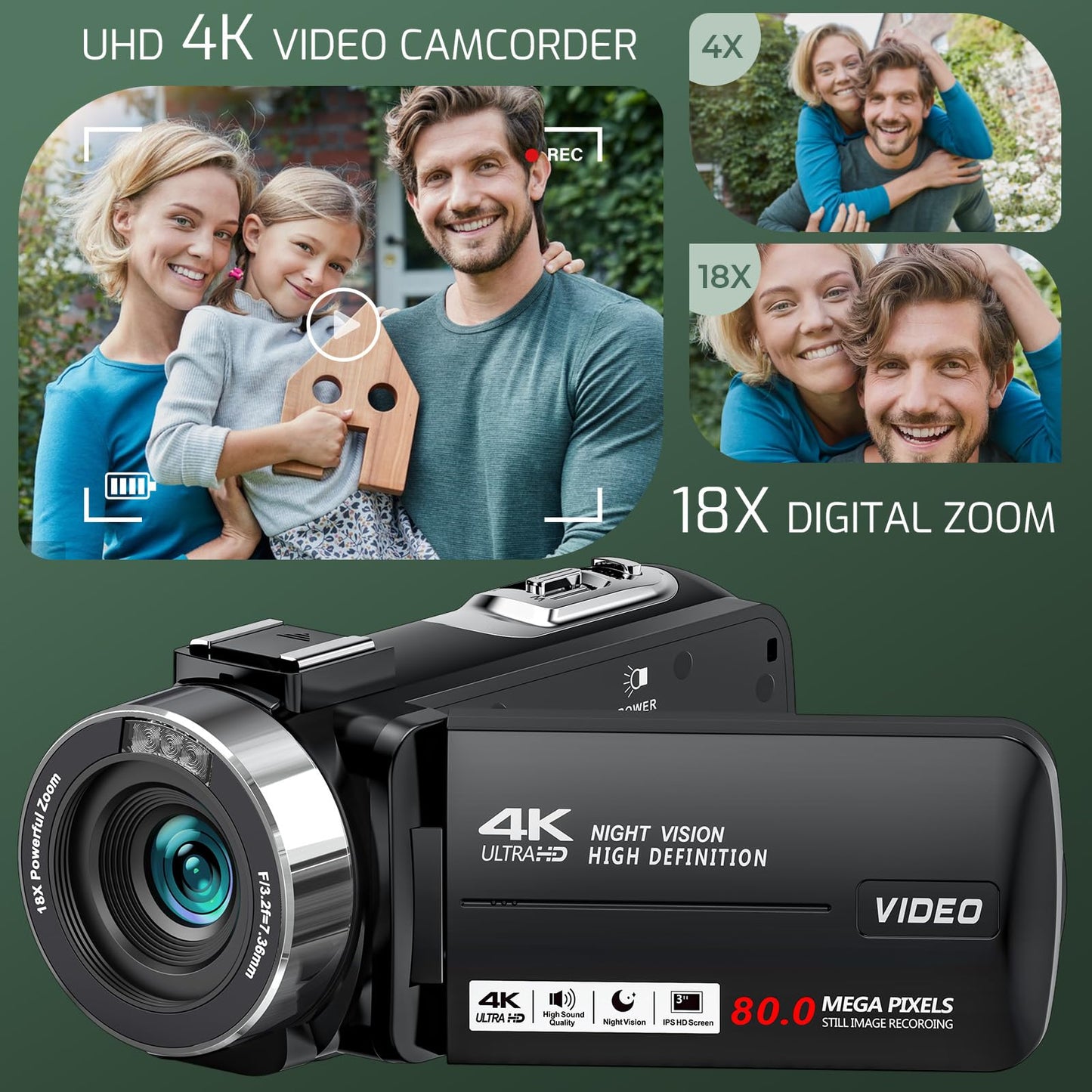 4K Video Camera Camcorder Ultra HD 80MP Vlogging Camera for YouTube 18X Digital Zoom 3.0" IPS 270° Screen IR Night Vision Camcorder Recorder with 32GB SD Card, Lens Cap and 2 Batteries