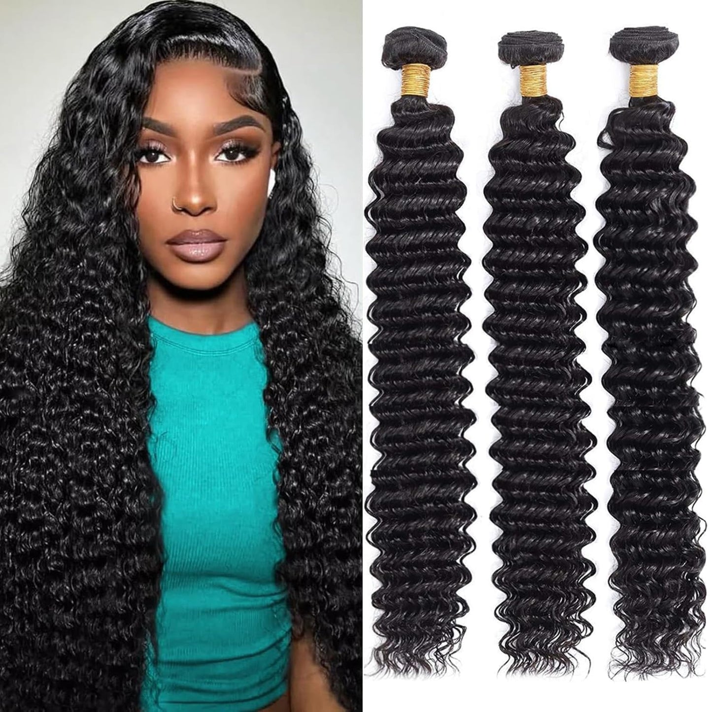 12A Deep Wave Bundles Human Hair 20 22 24 Inch 100% Unprocessed Brazilian Virgin Deep Curly Human Hair 3 Bundles Wet and Wavy Double Weft Deep Wavy Hair Extensions Real Human Hair Natural Black
