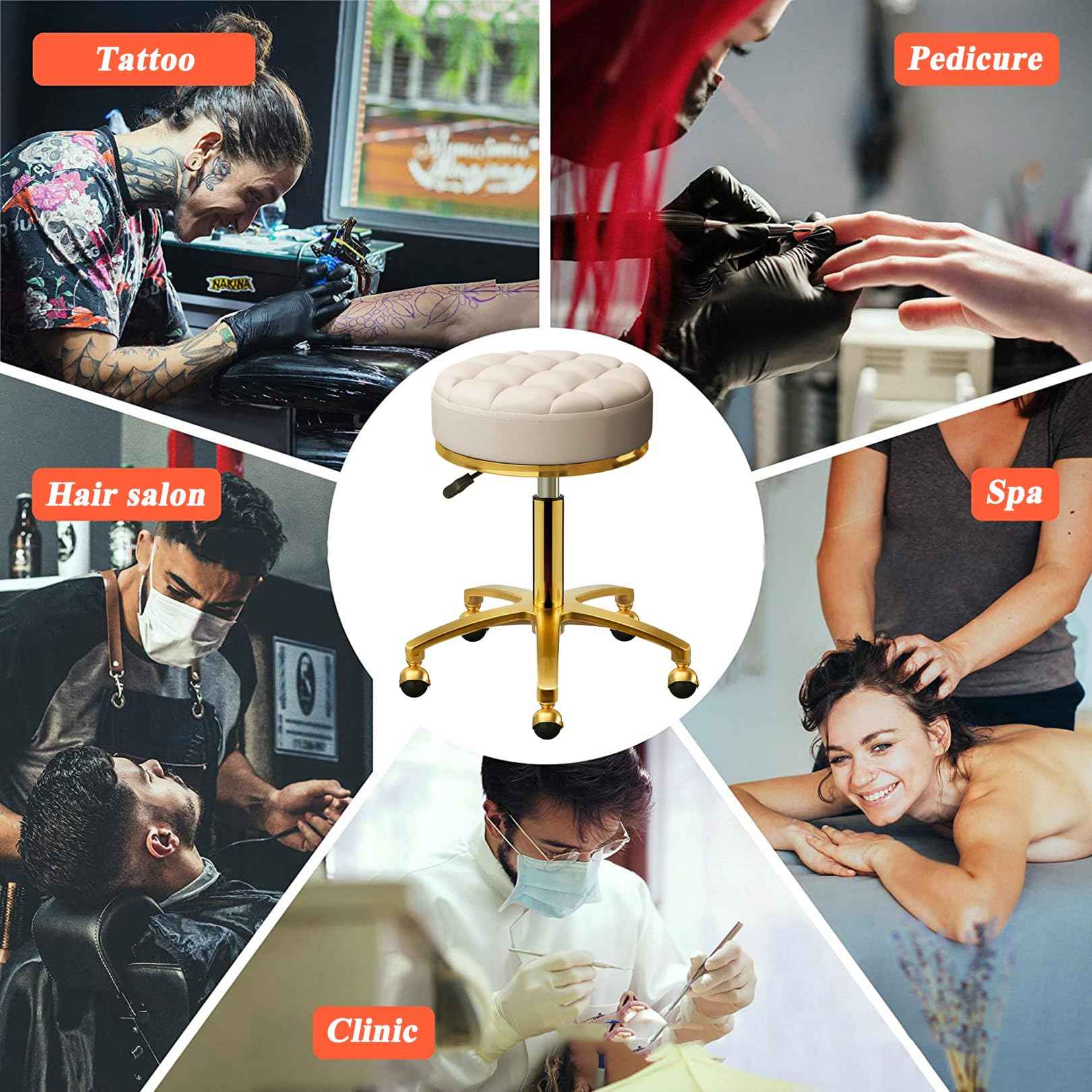 HZLCMPY Rolling Stool Gold Vanity Stool with Wheels, Pedicure Massage Roller Stools, PU Leather Round Swivel Salon Spa Chair, Titanium Gold Base, Height Adjustable 43-55 cm (Off White)