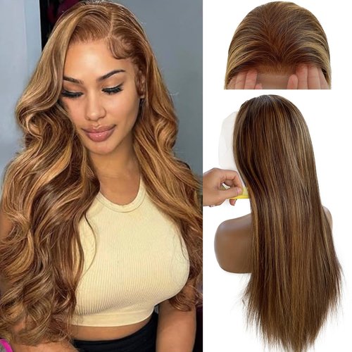 Smavida 13x6 Highlight Straight 4/27 HD Lace Front Wig Human Hair,20Inch Brown Colored HD Transparent Lace Frontal Wig Human Hair Brown to Blonde Ombre Highlight Lace Wigs