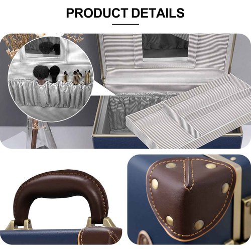 urecity Vintage Makeup Train Case, Navy Blue Artificial Leather, Professional Cosmetic Organizer with Metal Combination Lock, Retro Style Storage Box