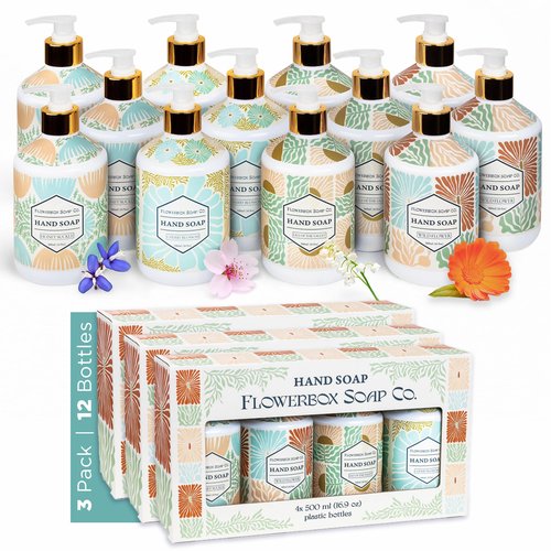 FlowerBox Liquid Hand Soap with Pump – Set of 12 Scented, Decorative Hand Soap Dispensers for Bathroom and Kitchen – 500 mL Luxury Floral Mosaic Bottles, Gift Pack