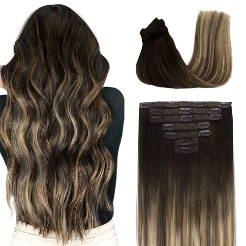 Fimislosion Real Hair Extensions Clip in Human Hair, Seamless Clip in Hair Extensions Real Human Hair, 18 Inch Clip ins extensions for women, Balayage Dark Brown to Middle Brown 120G 7Pcs